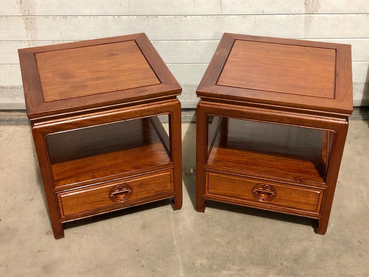 000736....Handsome Pair Of Chinese Hardwood Bedside Tables / Lamp Tables ( sold )