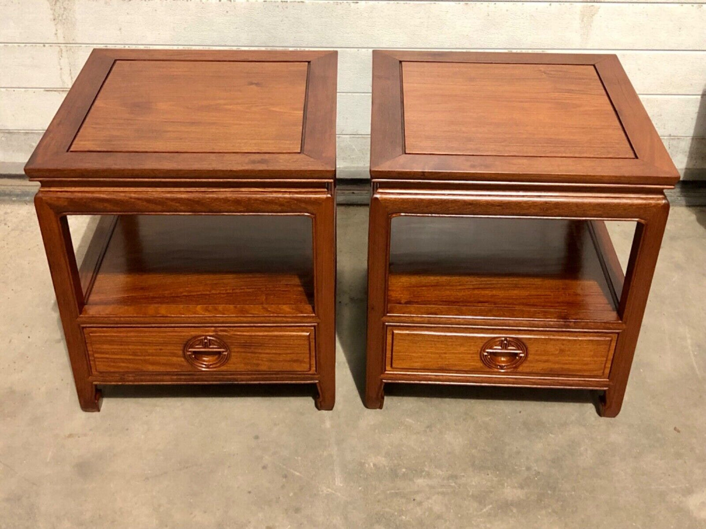 000736....Handsome Pair Of Chinese Hardwood Bedside Tables / Lamp Tables ( sold )