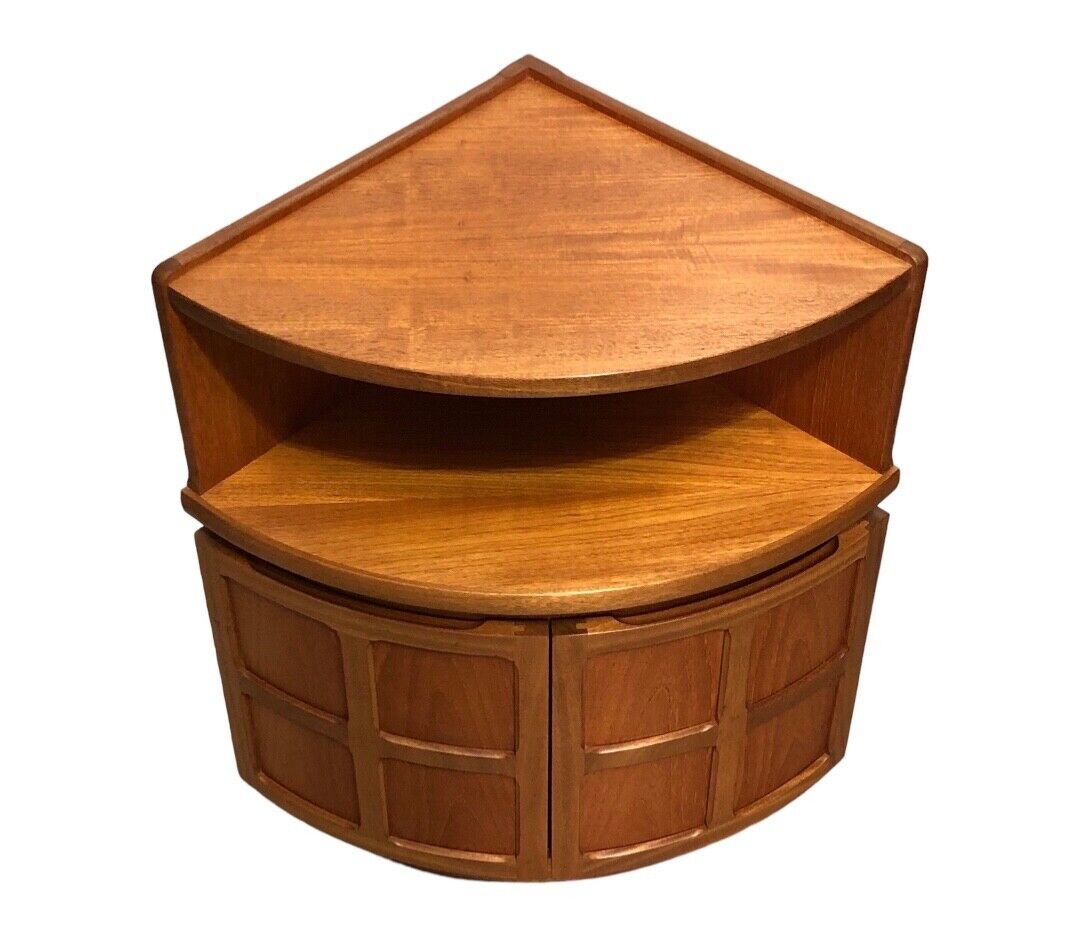000849....Handsome Pair Of Retro Nathan Corner Cupboards / Teak Cupboards ( sold )