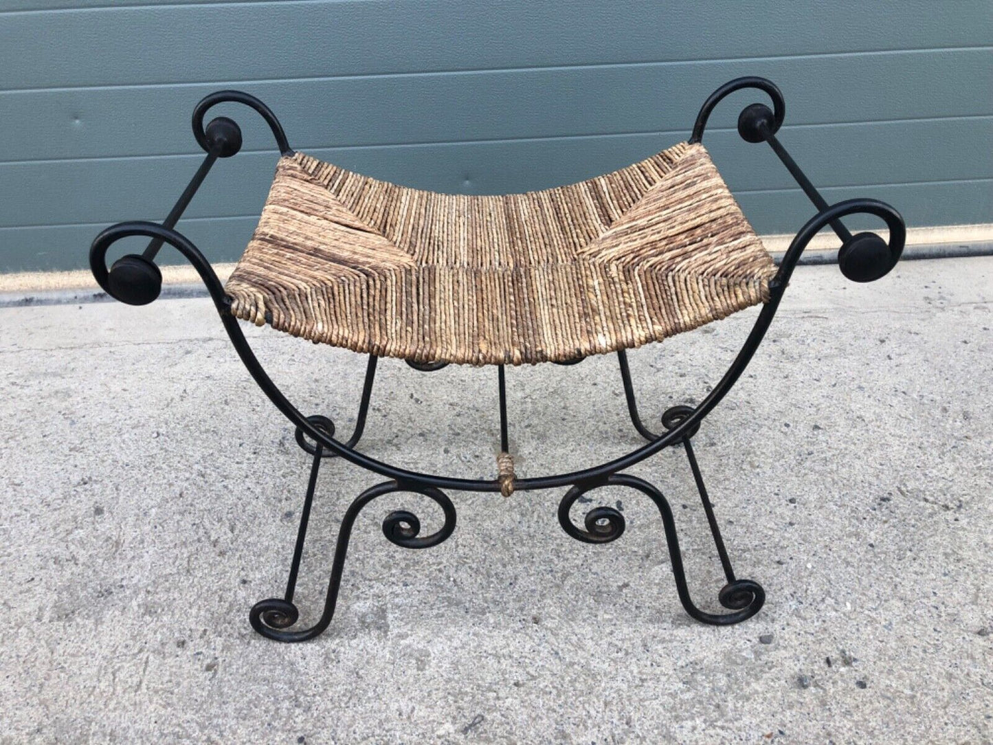 000841....Vintage Bohemian Style Wrought Iron Stool With Rush Seat ( sold )