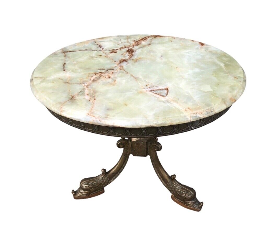 000832....Round Onyx Coffee Table On Decorative Dolphin Brass Base. ( Sold )