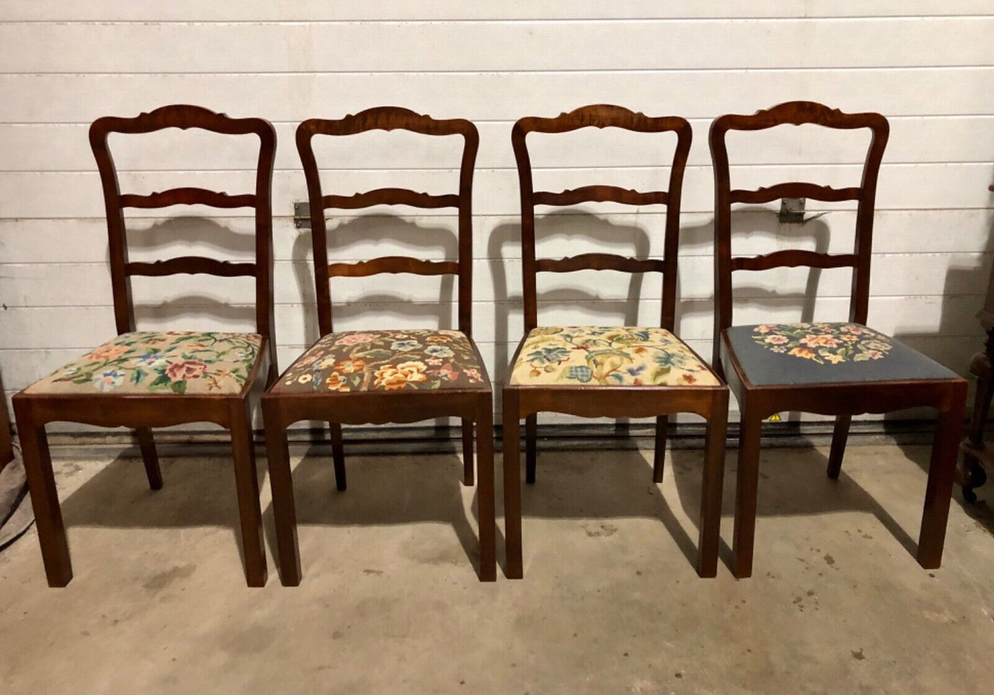 000744....Handsome Set Of Four Vintage Chairs With Tapestry Seats