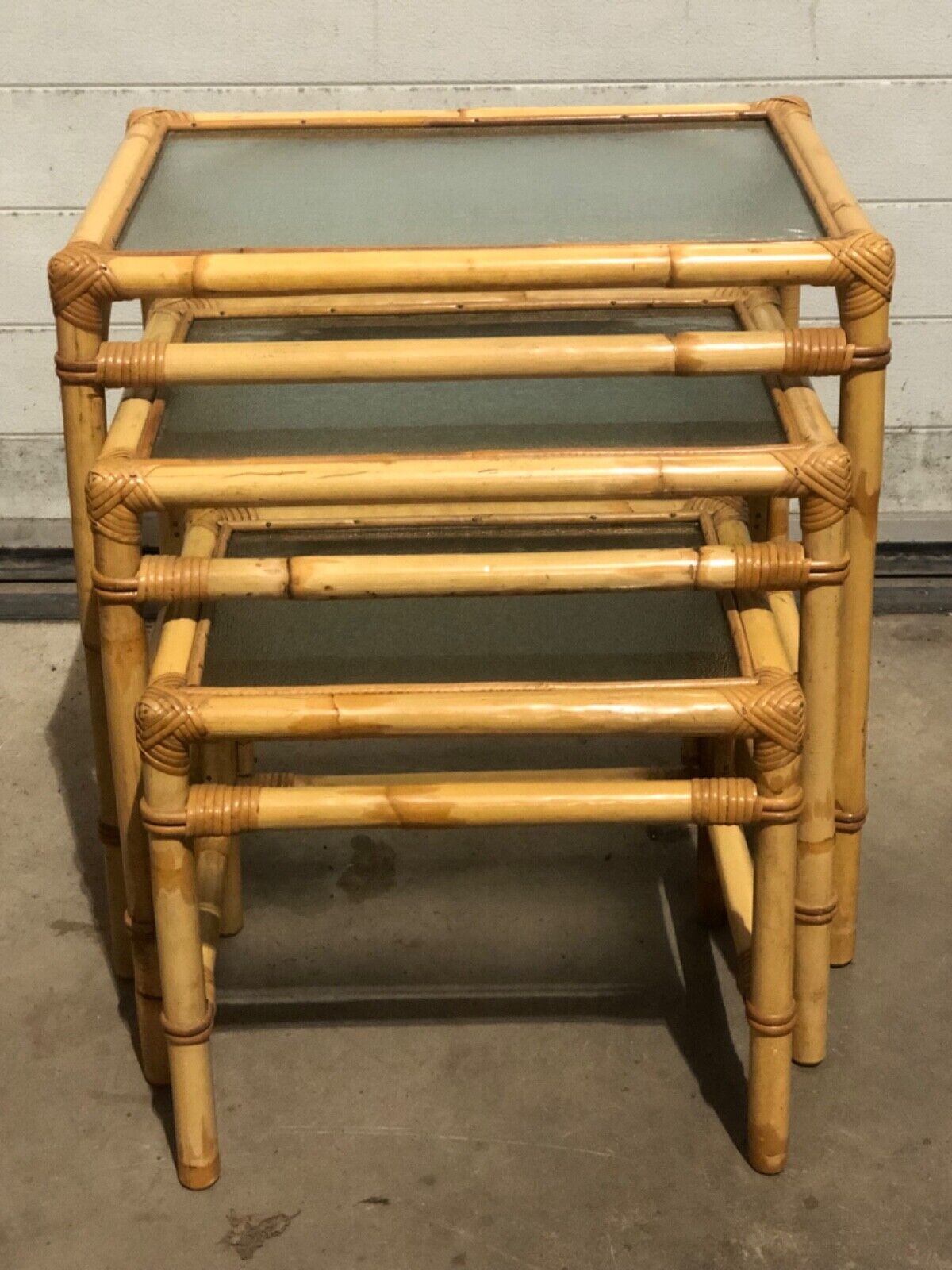 000769....Large Nest Of Vintage Bamboo Tables / Coffee Tables