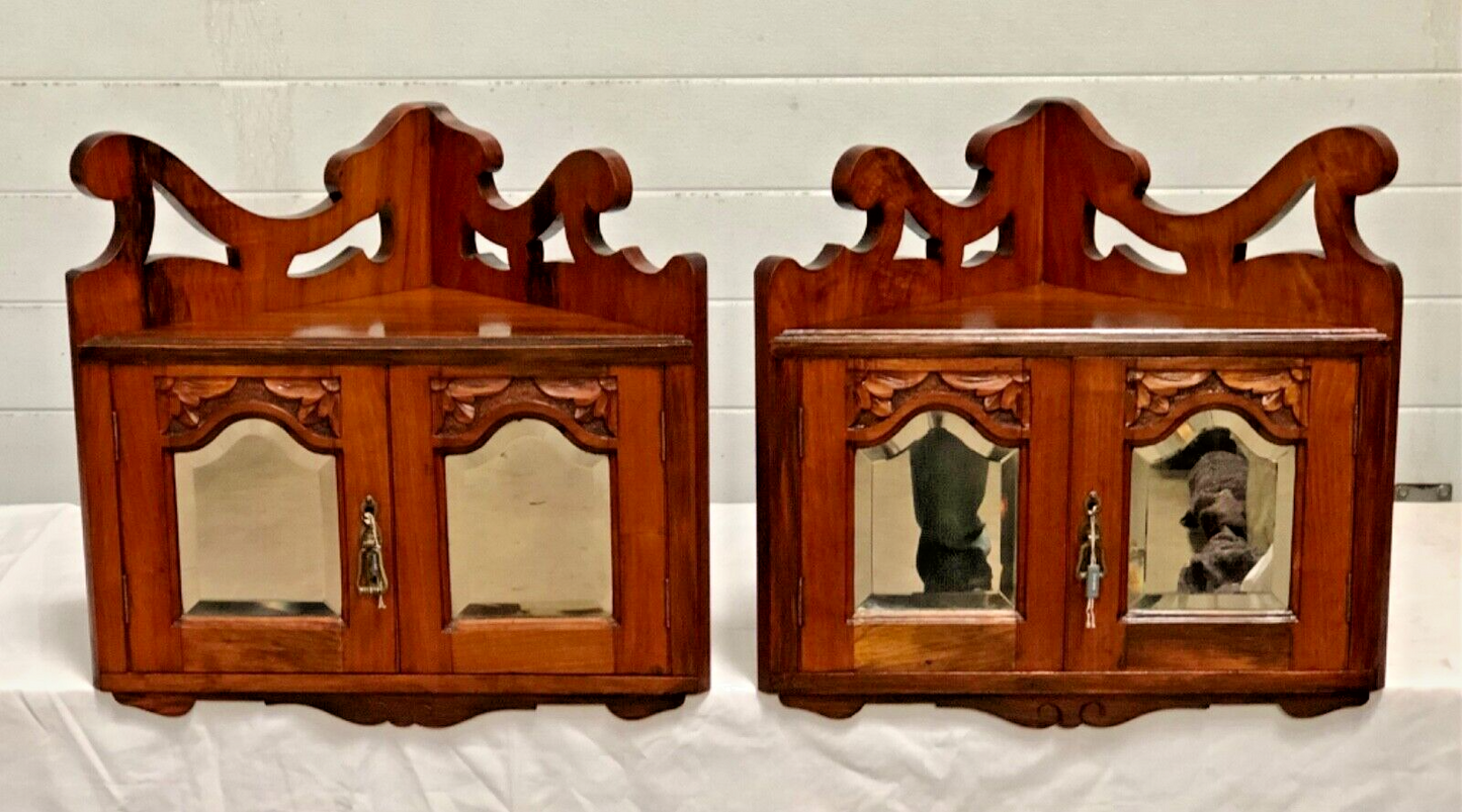 000839....Handsome Pair Of Walnut Wall Cabinets / Antique Corner Cabinets