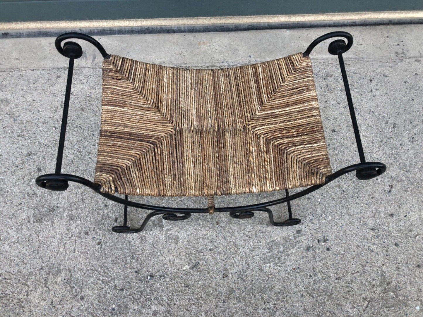 000841....Vintage Bohemian Style Wrought Iron Stool With Rush Seat ( sold )