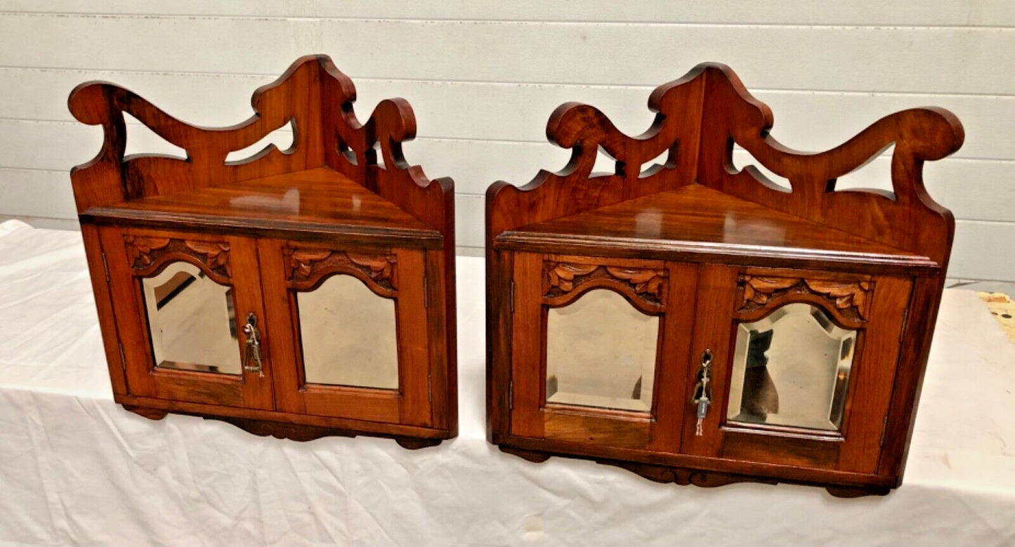 000839....Handsome Pair Of Walnut Wall Cabinets / Antique Corner Cabinets