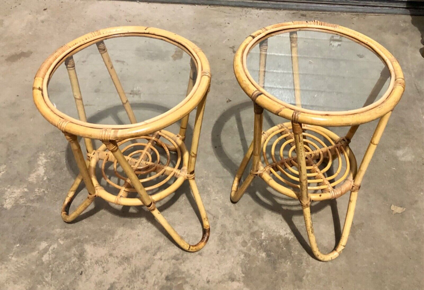 000782....Pair Of Vintage Bamboo Round Coffee Tables / Occasional Tables