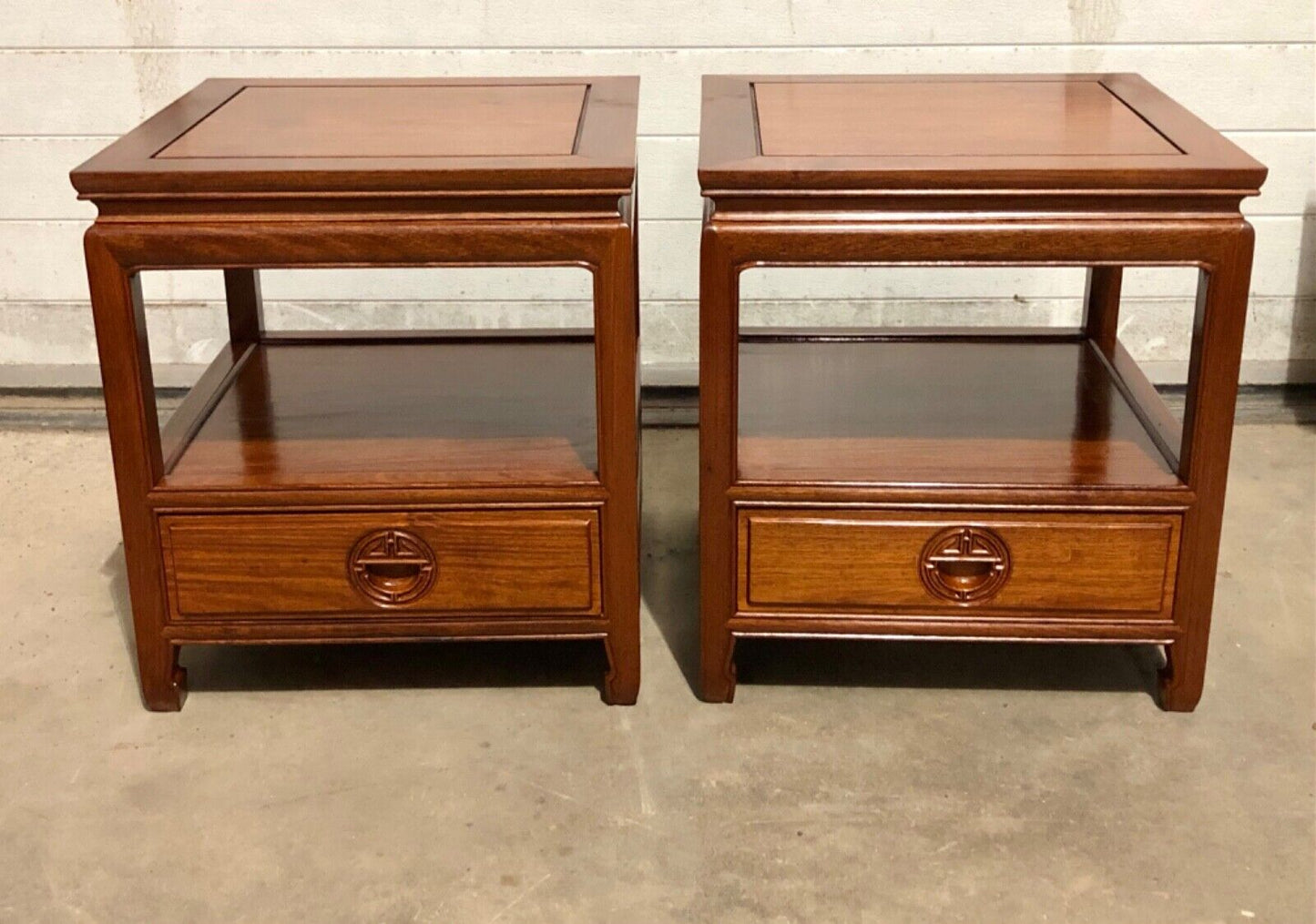 000736....Handsome Pair Of Chinese Hardwood Bedside Tables / Lamp Tables ( sold )