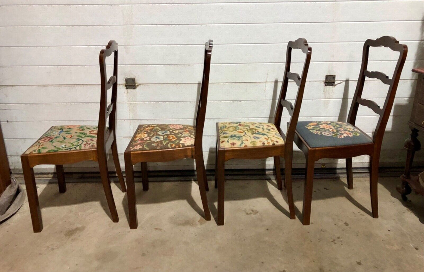 000744....Handsome Set Of Four Vintage Chairs With Tapestry Seats