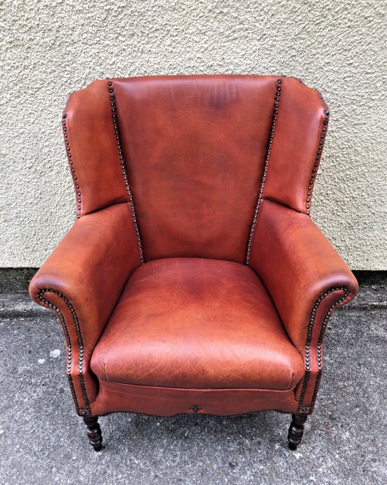 000834....Handsome Pair Of Smaller Vintage Leather Wing Back Armchairs / Leather Armchairs ( sold )