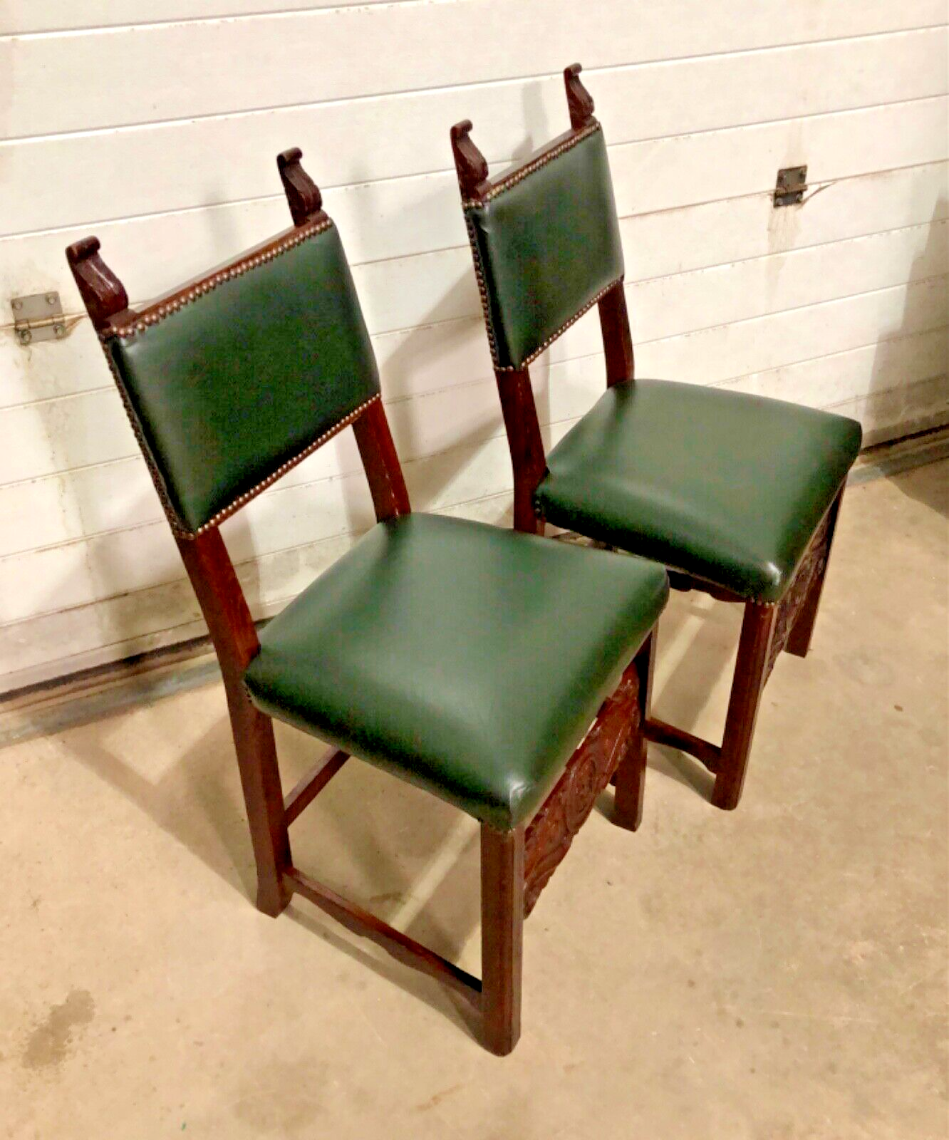 000847....Handsome Pair Of Carved Oak Hall Chairs With Green Leather Upholstery ( sold )