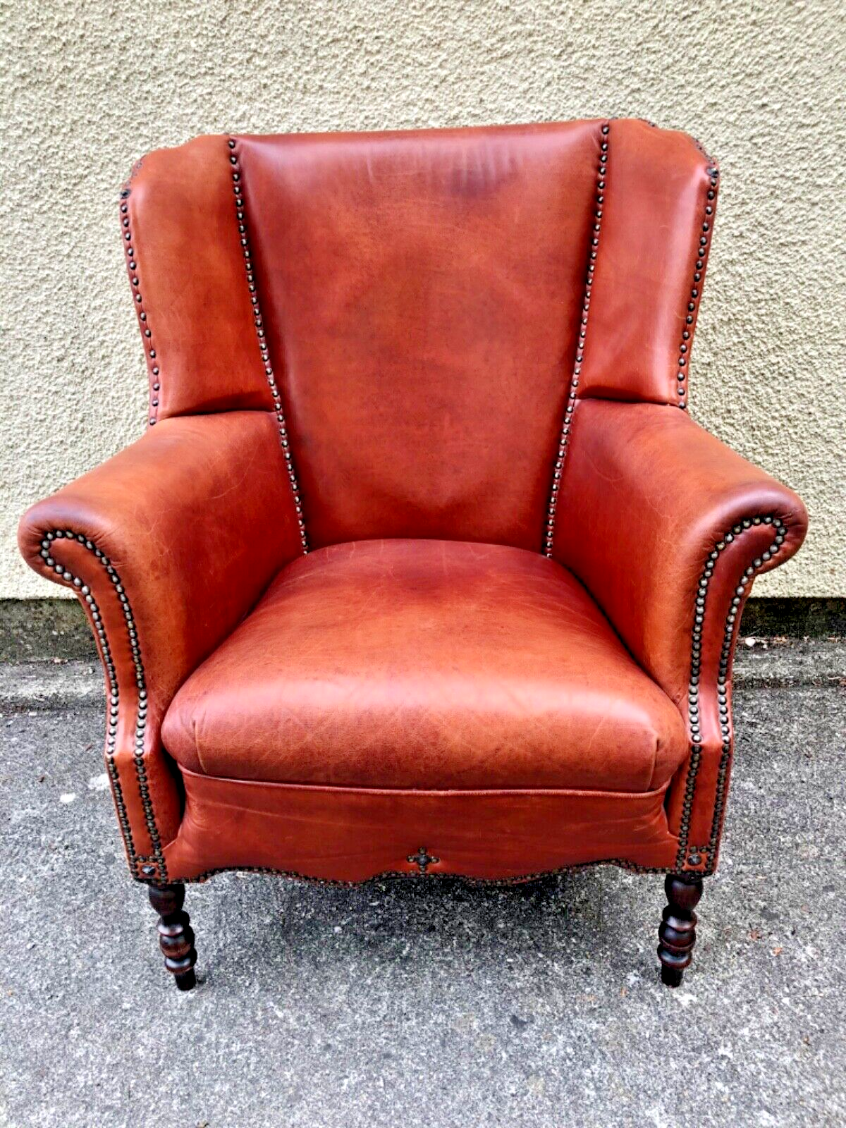 000834....Handsome Pair Of Smaller Vintage Leather Wing Back Armchairs / Leather Armchairs ( sold )