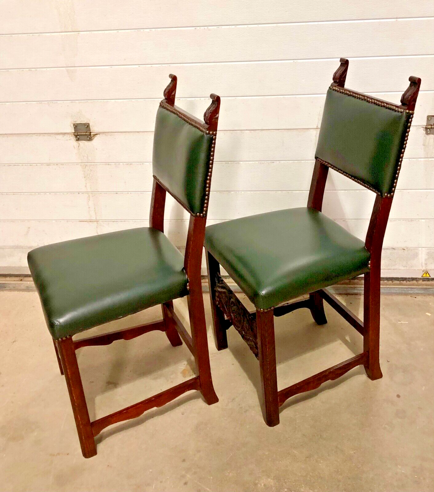 000847....Handsome Pair Of Carved Oak Hall Chairs With Green Leather Upholstery ( sold )