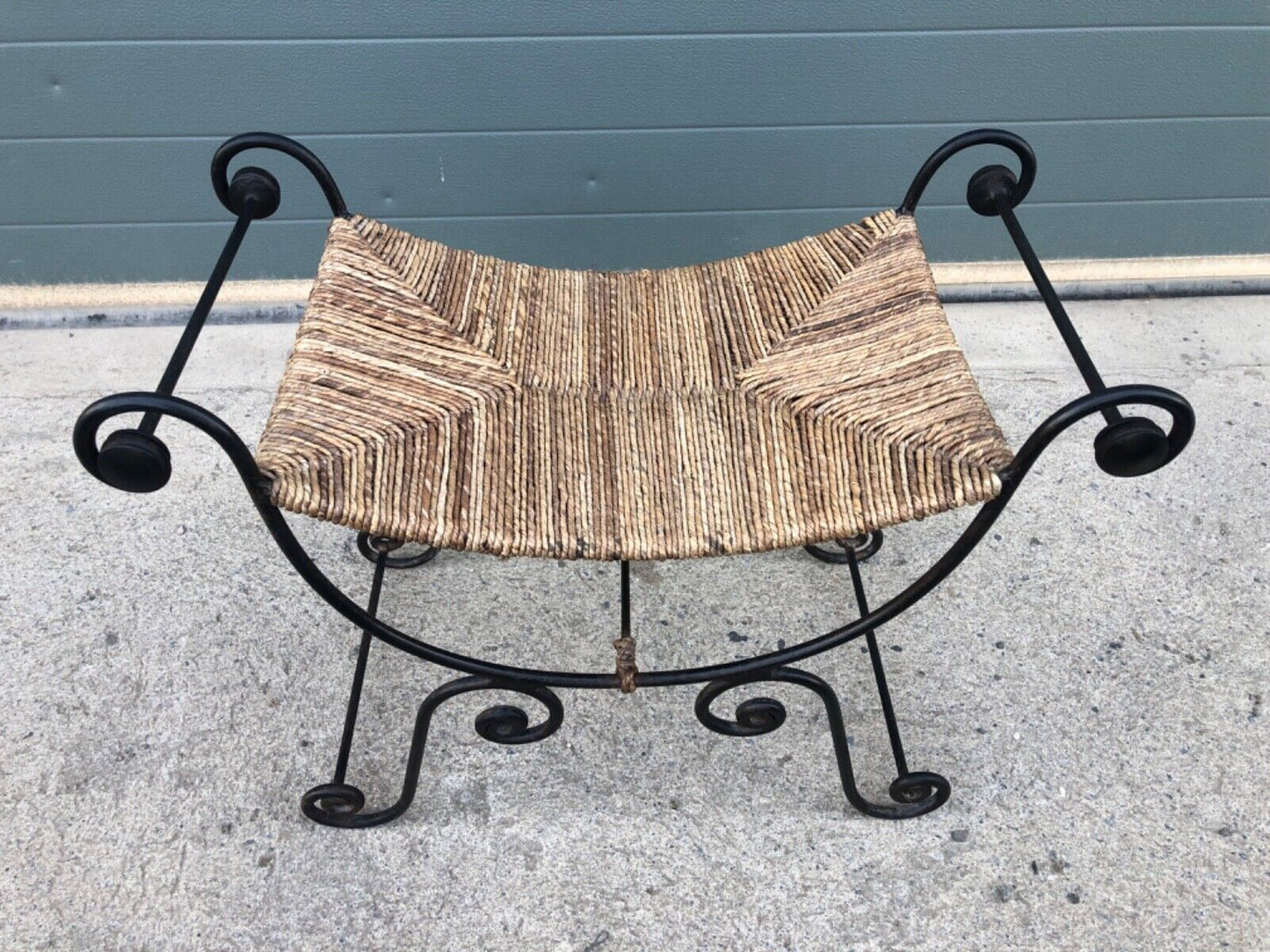 000841....Vintage Bohemian Style Wrought Iron Stool With Rush Seat ( sold )