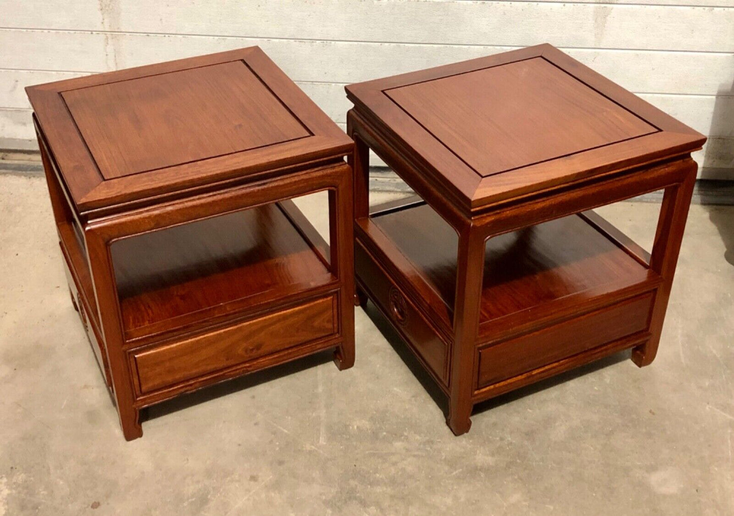 000736....Handsome Pair Of Chinese Hardwood Bedside Tables / Lamp Tables ( sold )