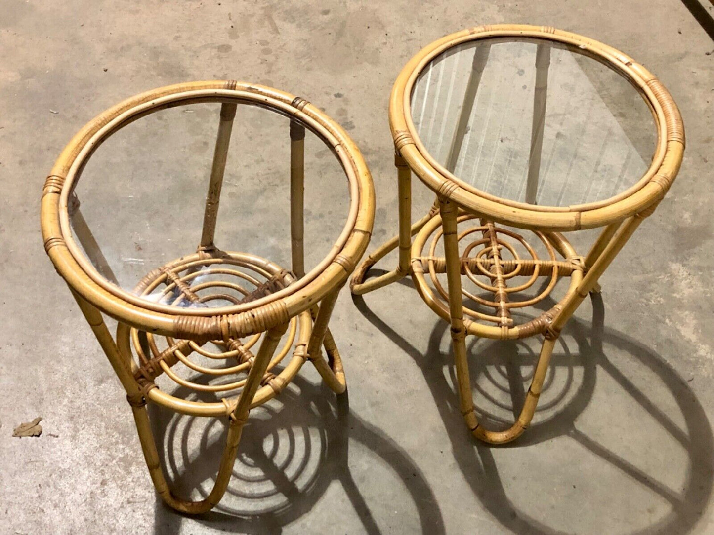 000782....Pair Of Vintage Bamboo Round Coffee Tables / Occasional Tables