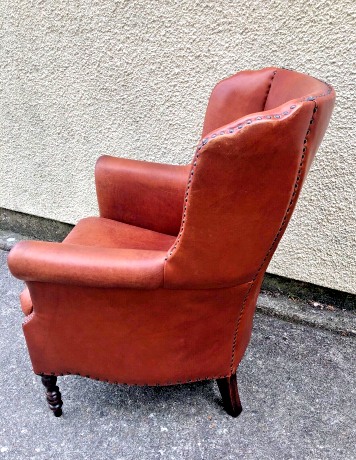 000834....Handsome Pair Of Smaller Vintage Leather Wing Back Armchairs / Leather Armchairs ( sold )