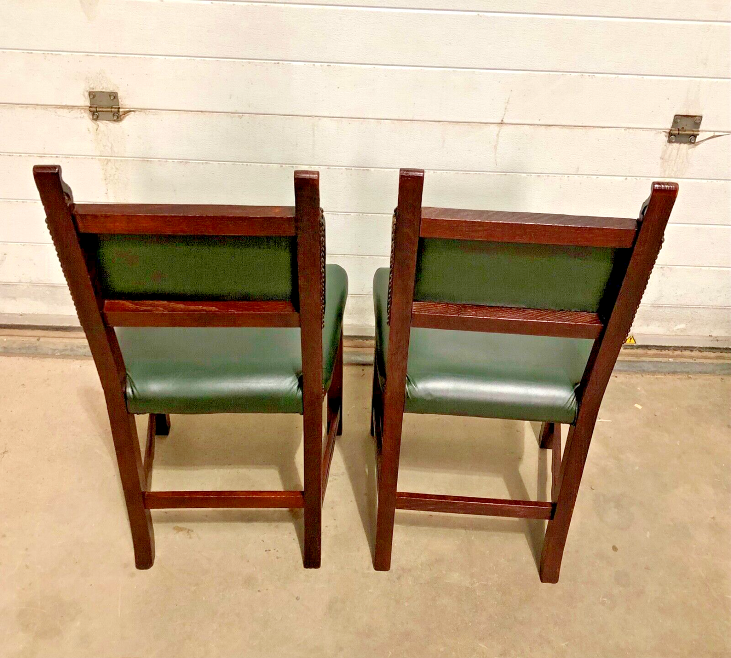 000847....Handsome Pair Of Carved Oak Hall Chairs With Green Leather Upholstery ( sold )