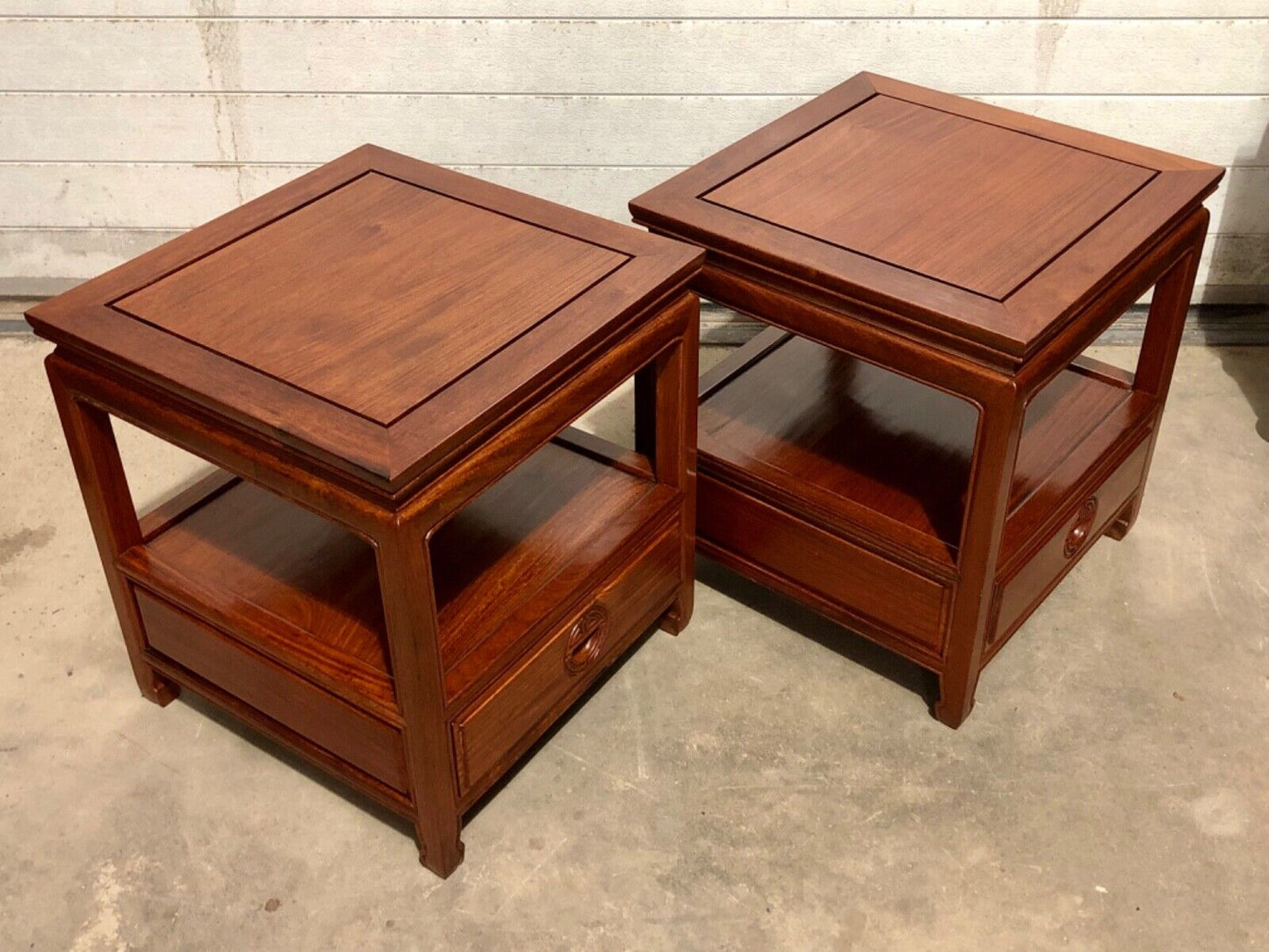 000736....Handsome Pair Of Chinese Hardwood Bedside Tables / Lamp Tables ( sold )