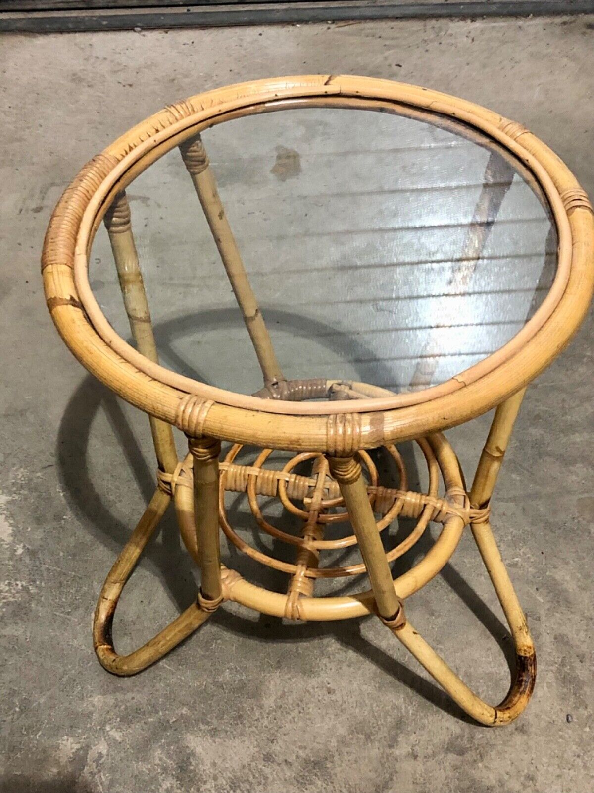 000782....Pair Of Vintage Bamboo Round Coffee Tables / Occasional Tables