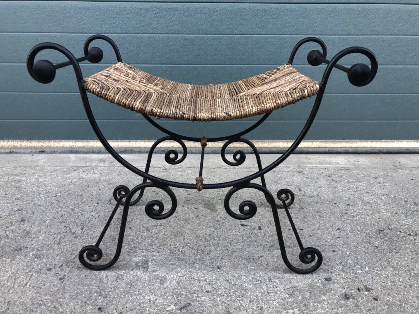 000841....Vintage Bohemian Style Wrought Iron Stool With Rush Seat ( sold )