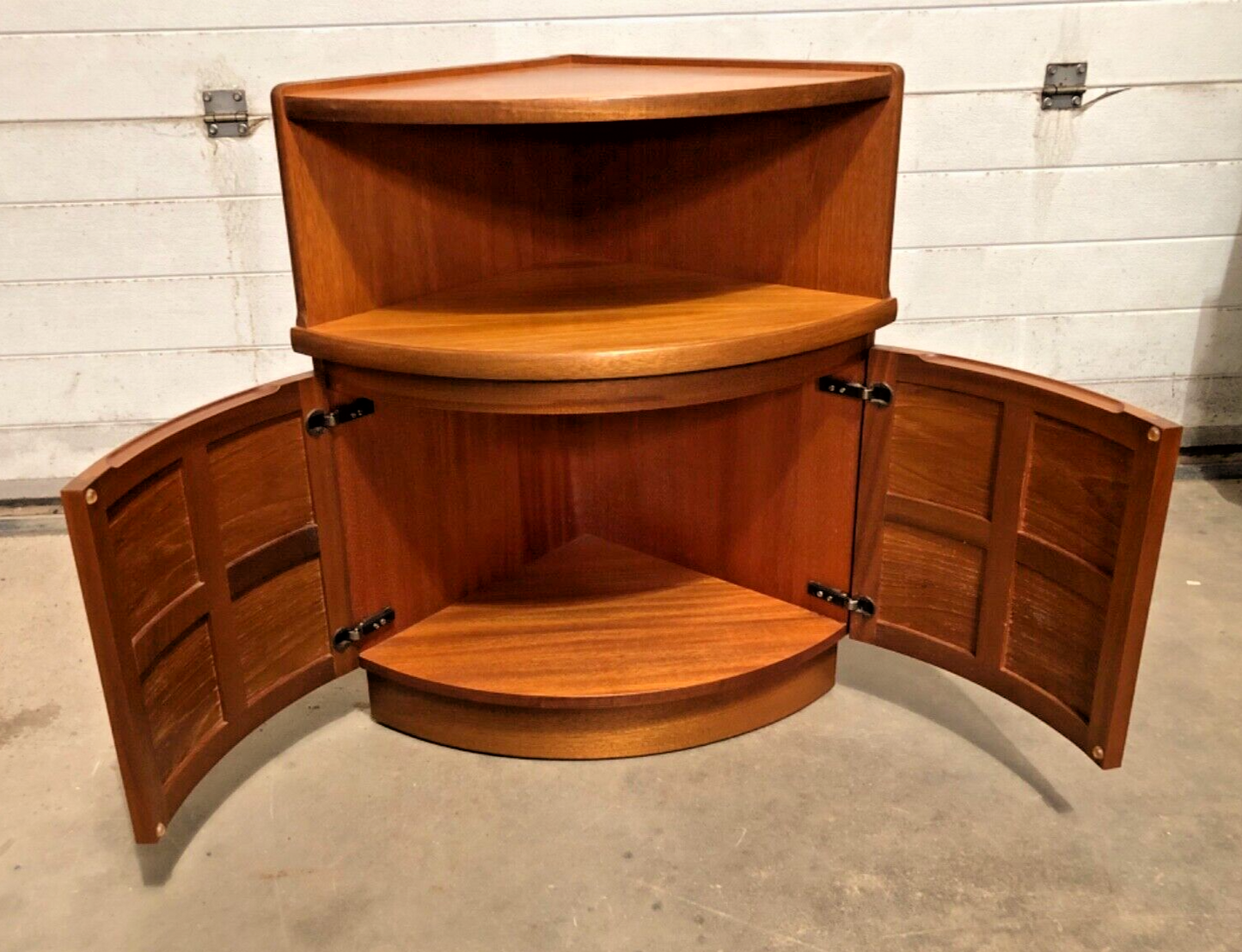 000849....Handsome Pair Of Retro Nathan Corner Cupboards / Teak Cupboards ( sold )