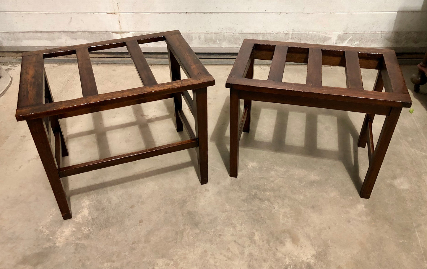 000721....Two Vintage Luggage Racks / Suitcase Stands ( sold )