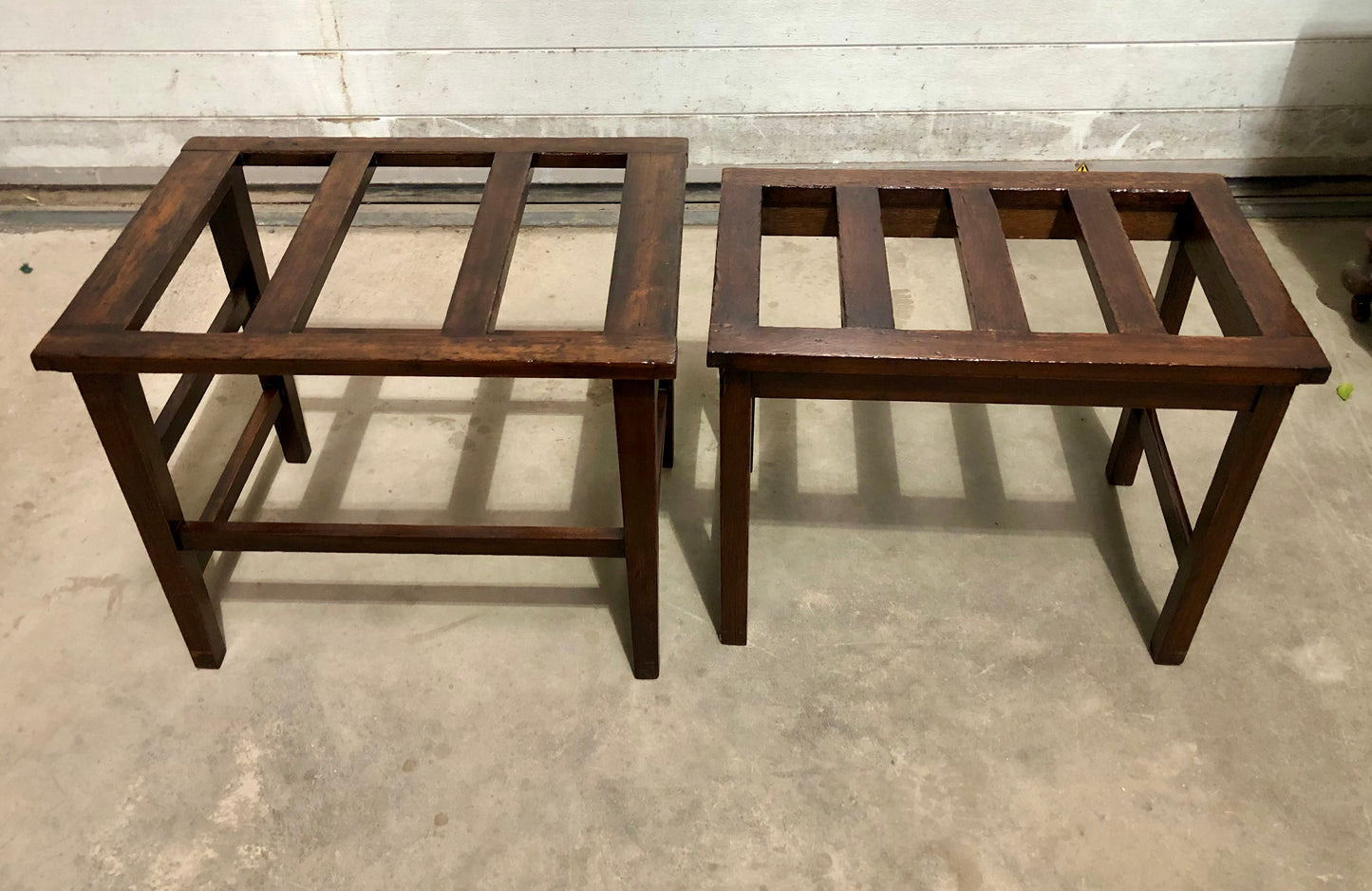 000721....Two Vintage Luggage Racks / Suitcase Stands ( sold )