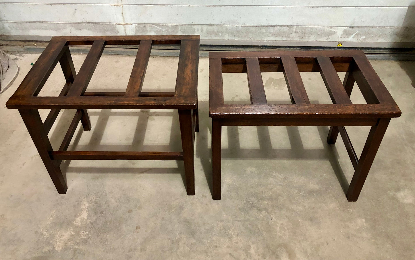 000721....Two Vintage Luggage Racks / Suitcase Stands ( sold )