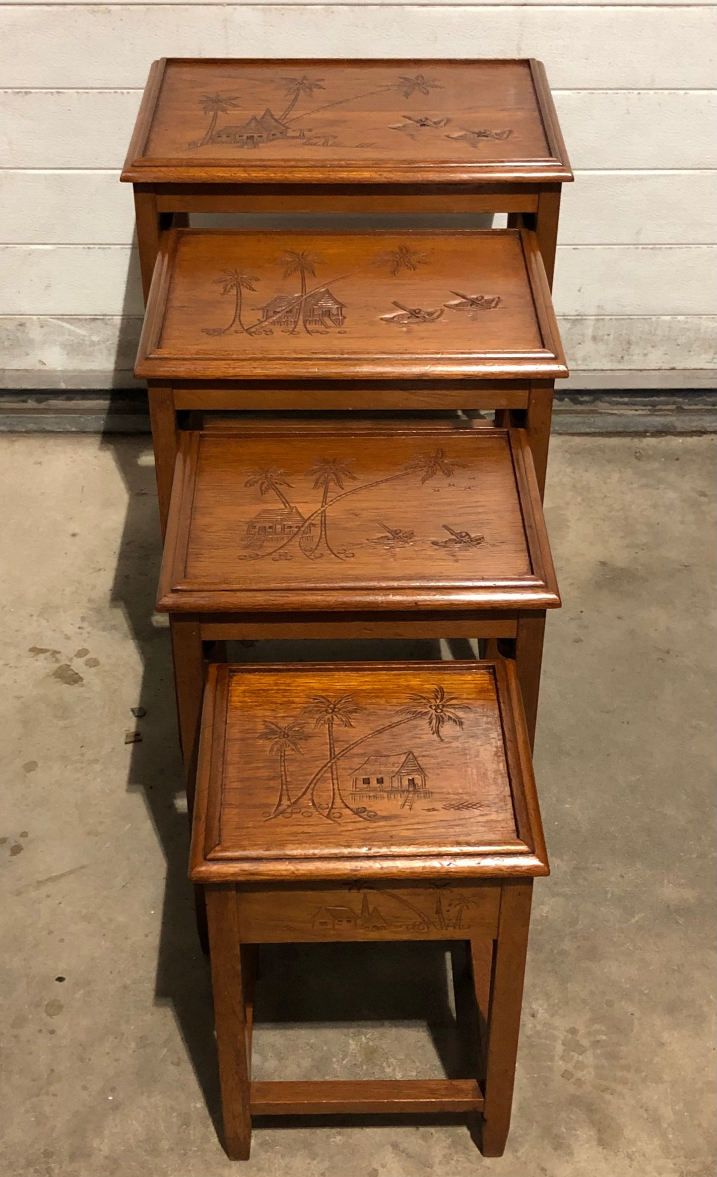 000697....Handsome Vintage Carved Teak Nest Of Four Tables