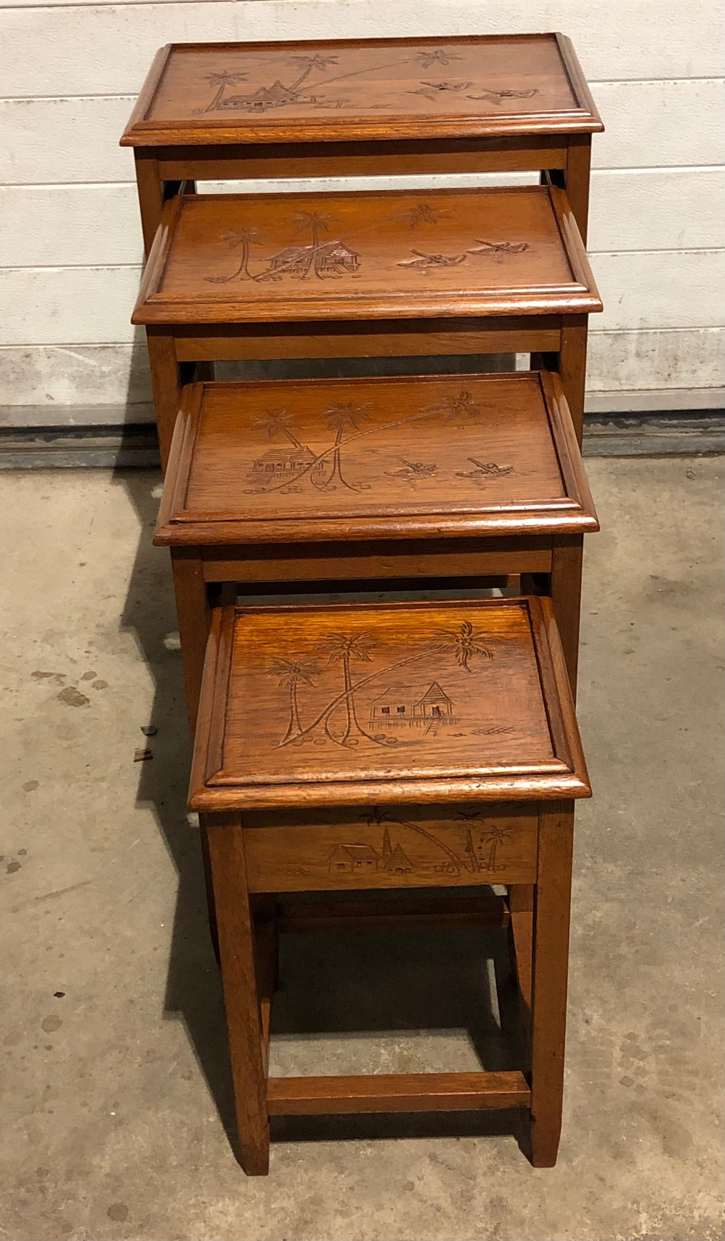 000697....Handsome Vintage Carved Teak Nest Of Four Tables