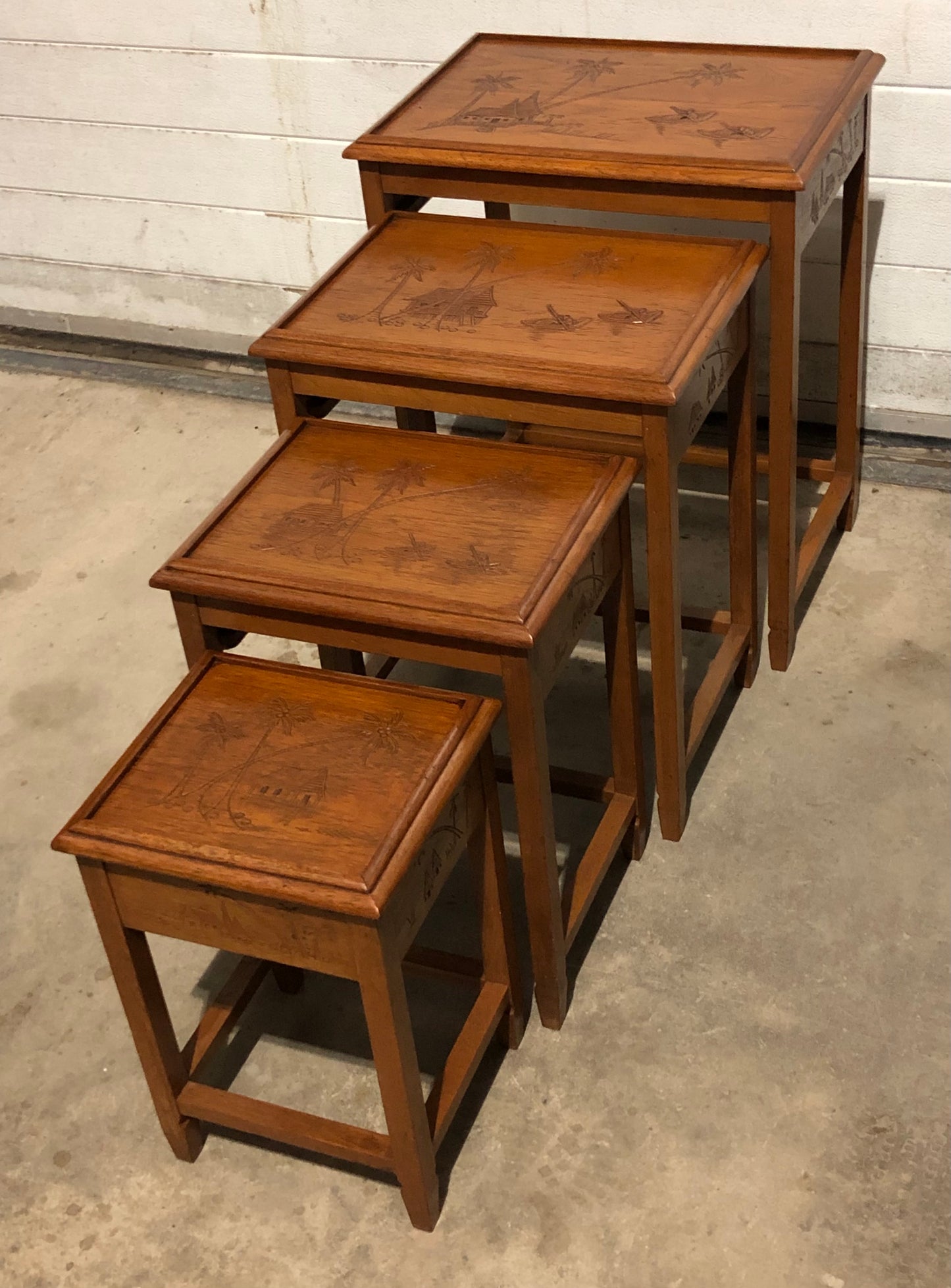 000697....Handsome Vintage Carved Teak Nest Of Four Tables