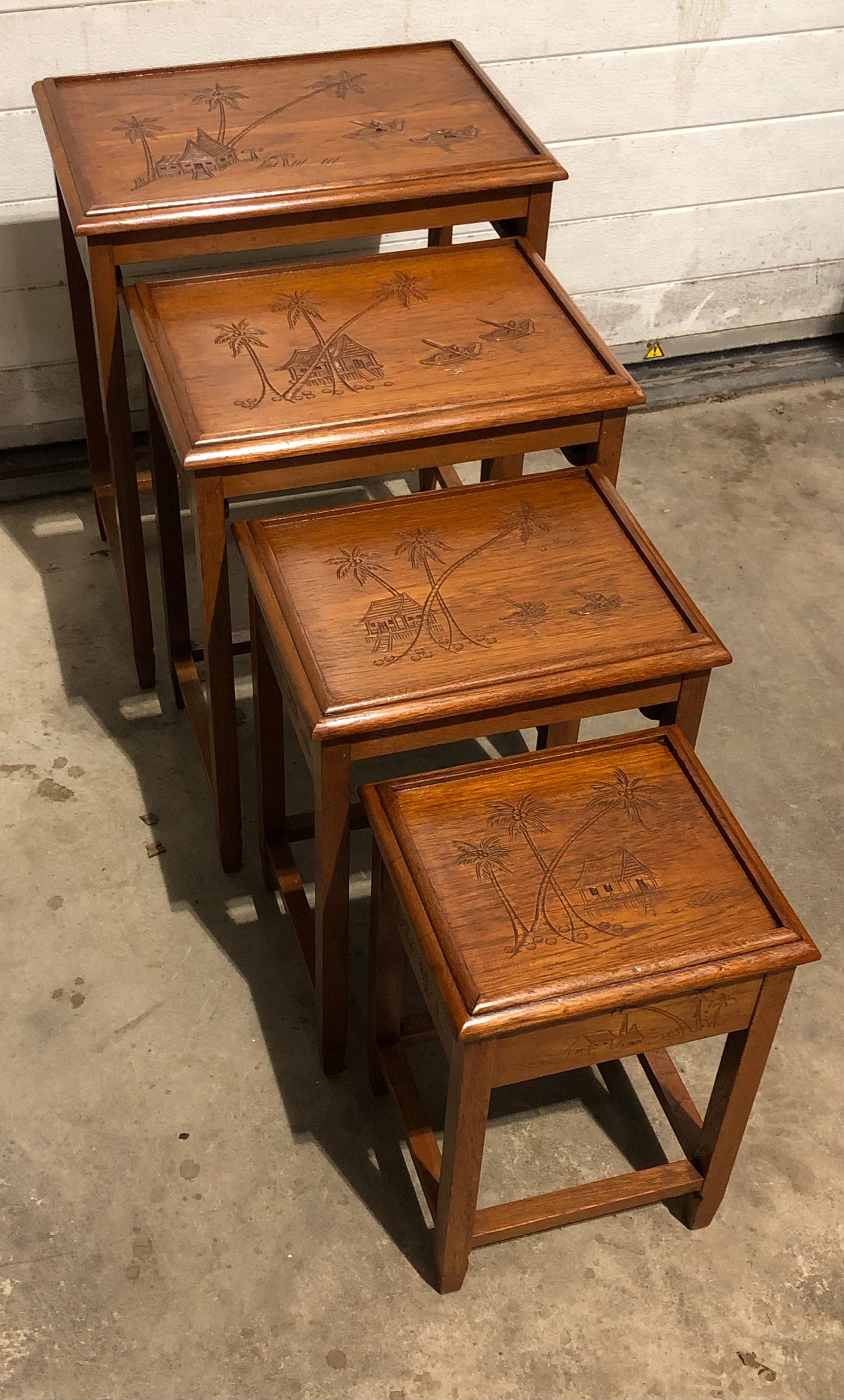000697....Handsome Vintage Carved Teak Nest Of Four Tables