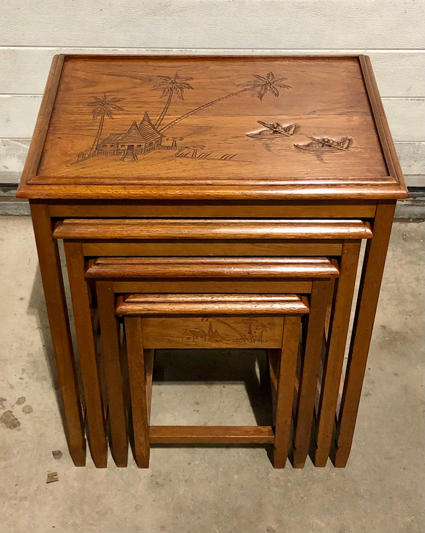 000697....Handsome Vintage Carved Teak Nest Of Four Tables