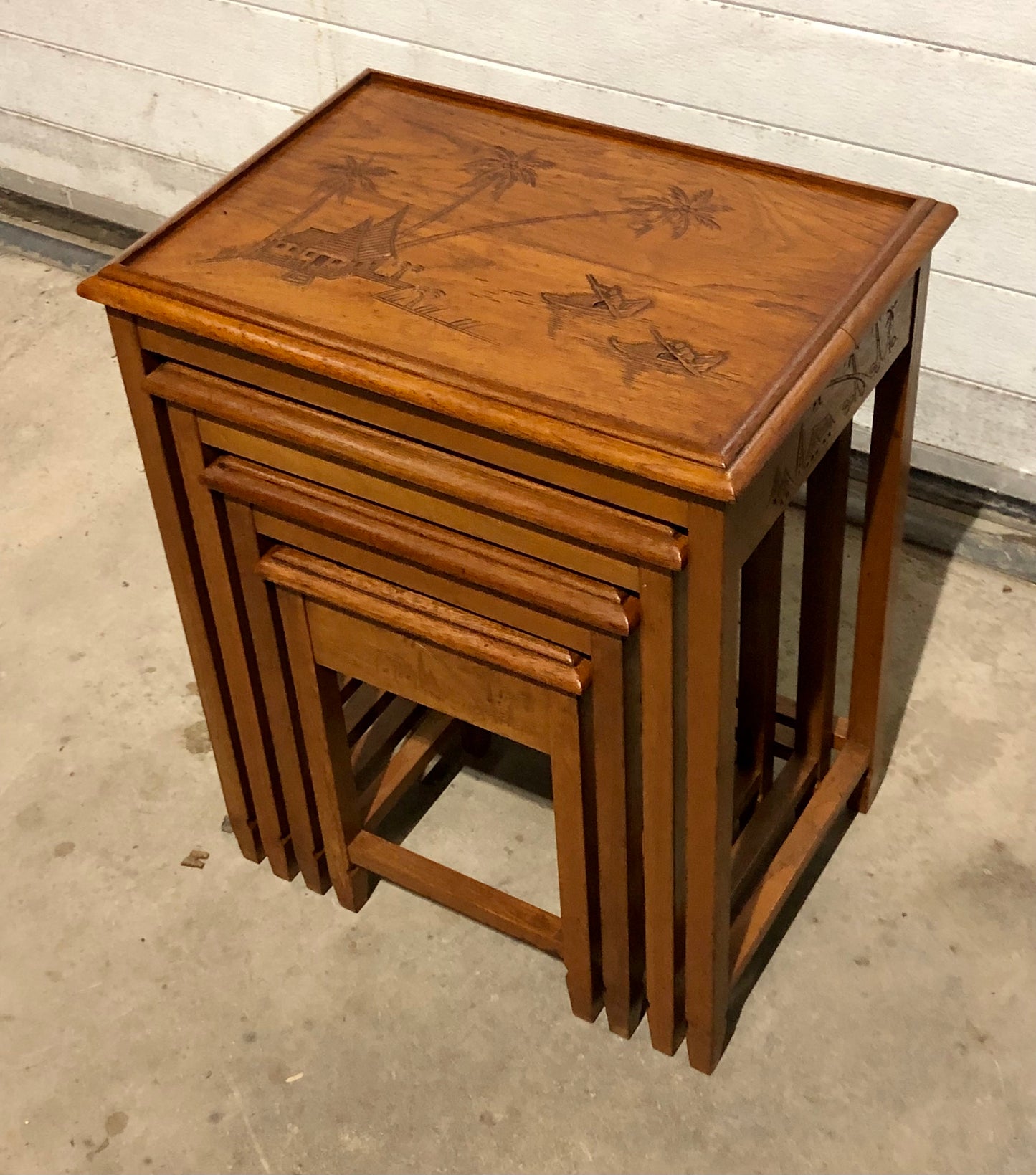 000697....Handsome Vintage Carved Teak Nest Of Four Tables