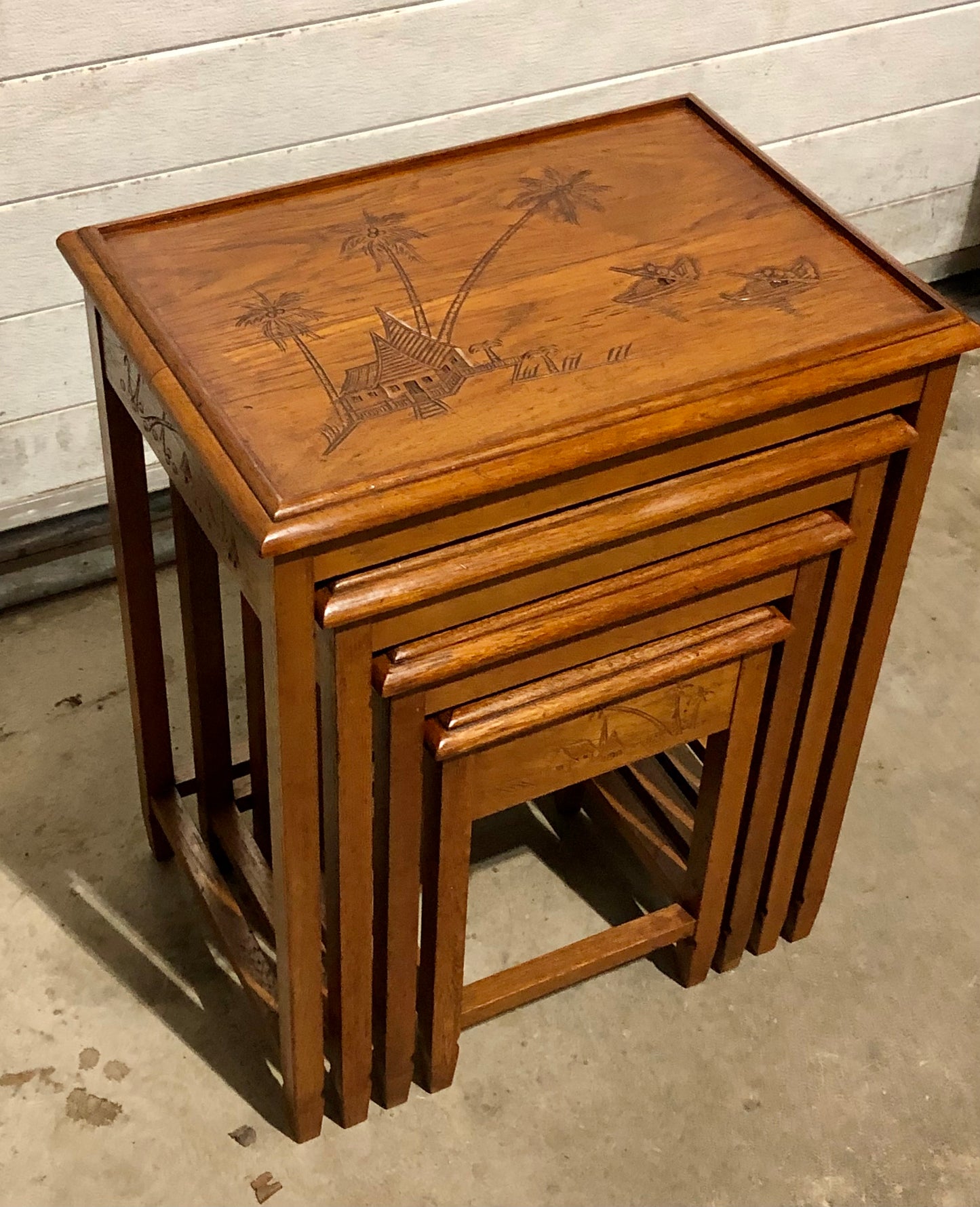 000697....Handsome Vintage Carved Teak Nest Of Four Tables