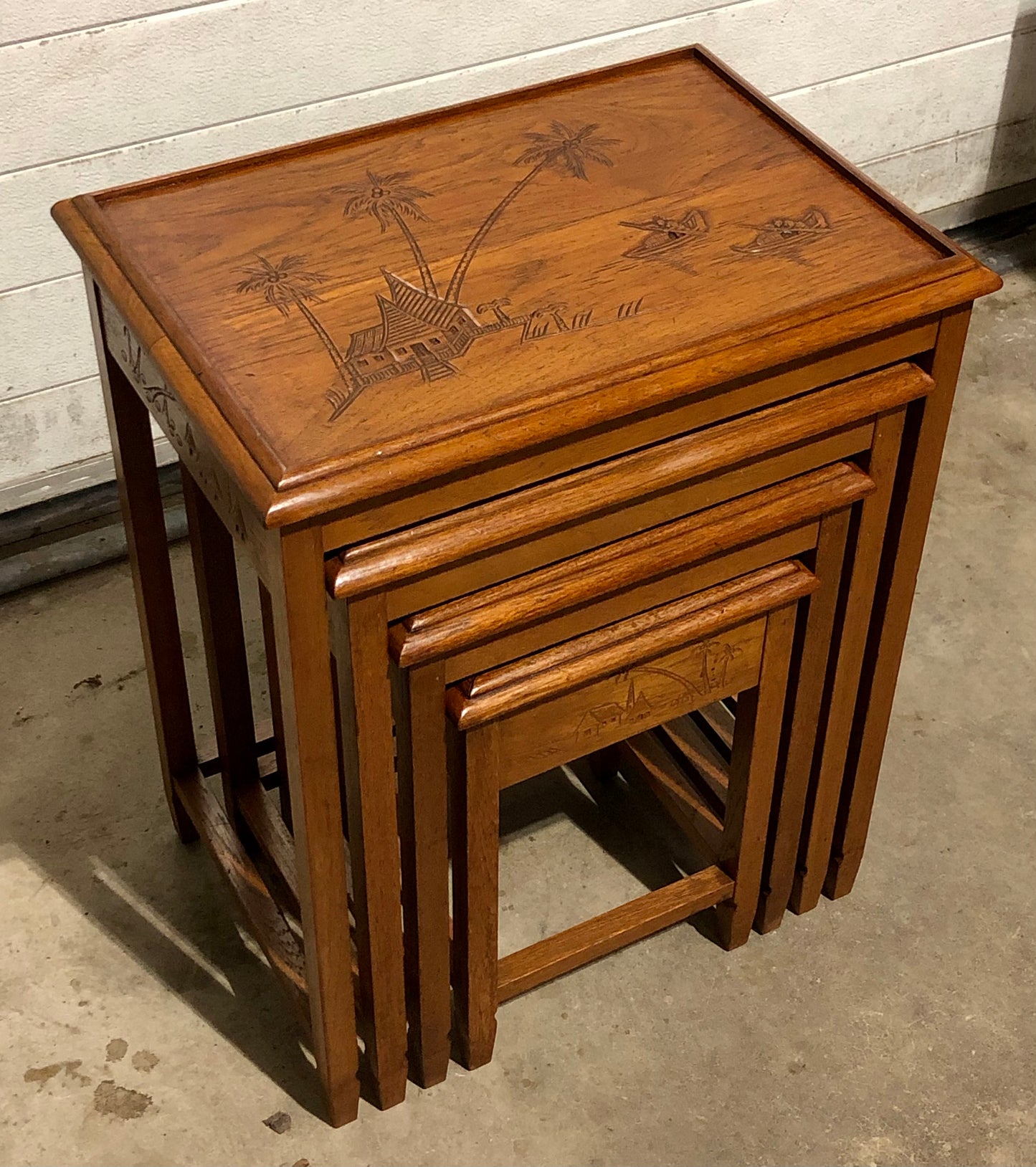 000697....Handsome Vintage Carved Teak Nest Of Four Tables