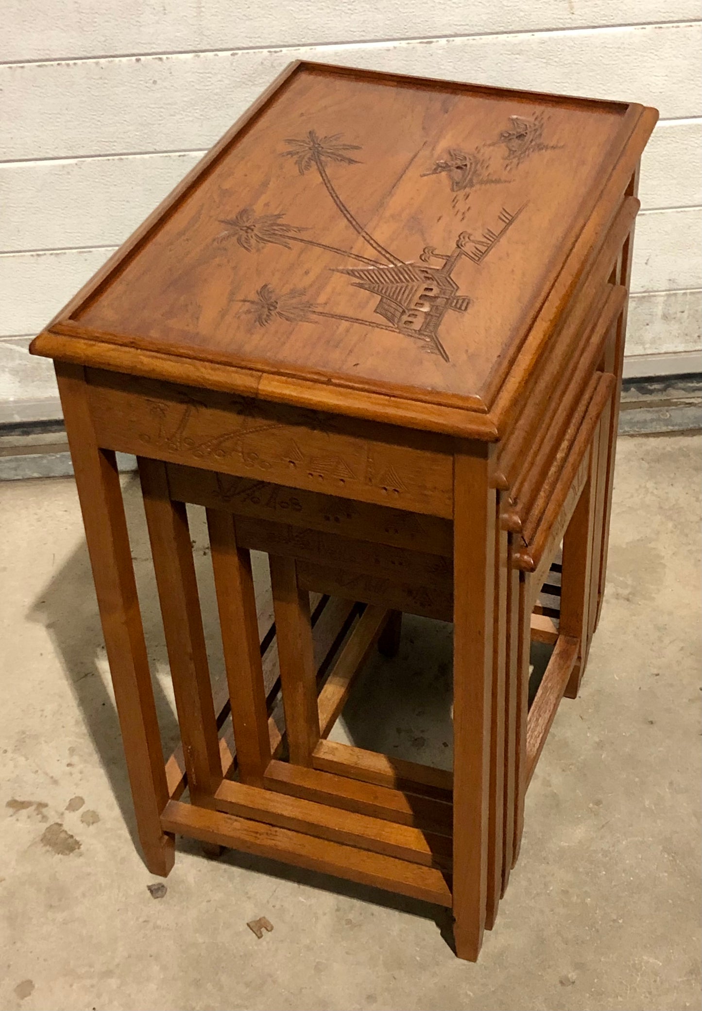 000697....Handsome Vintage Carved Teak Nest Of Four Tables