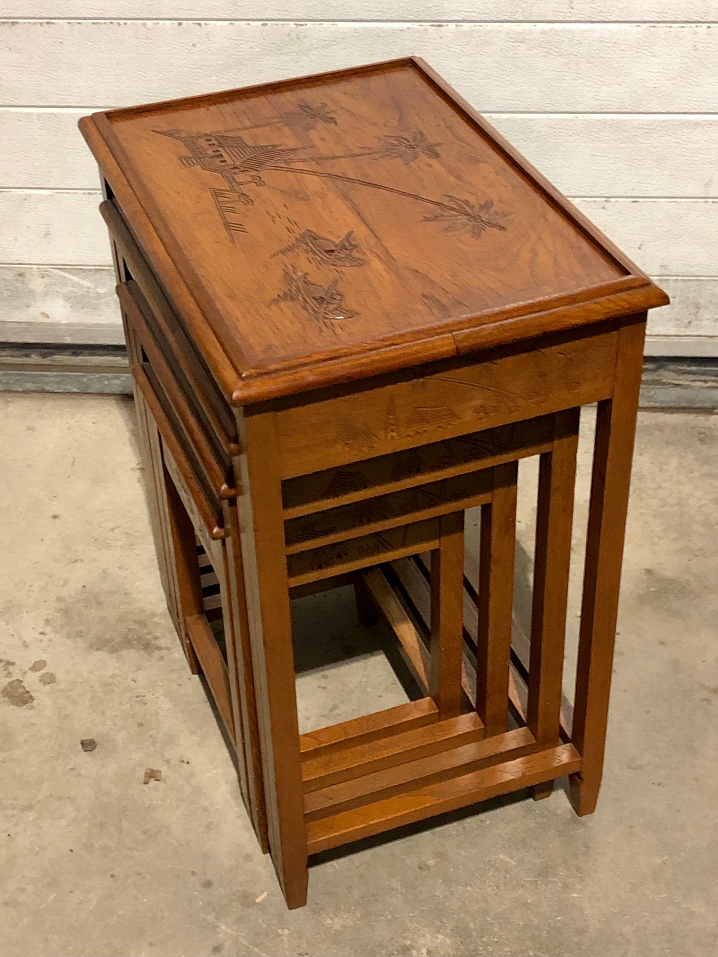 000697....Handsome Vintage Carved Teak Nest Of Four Tables