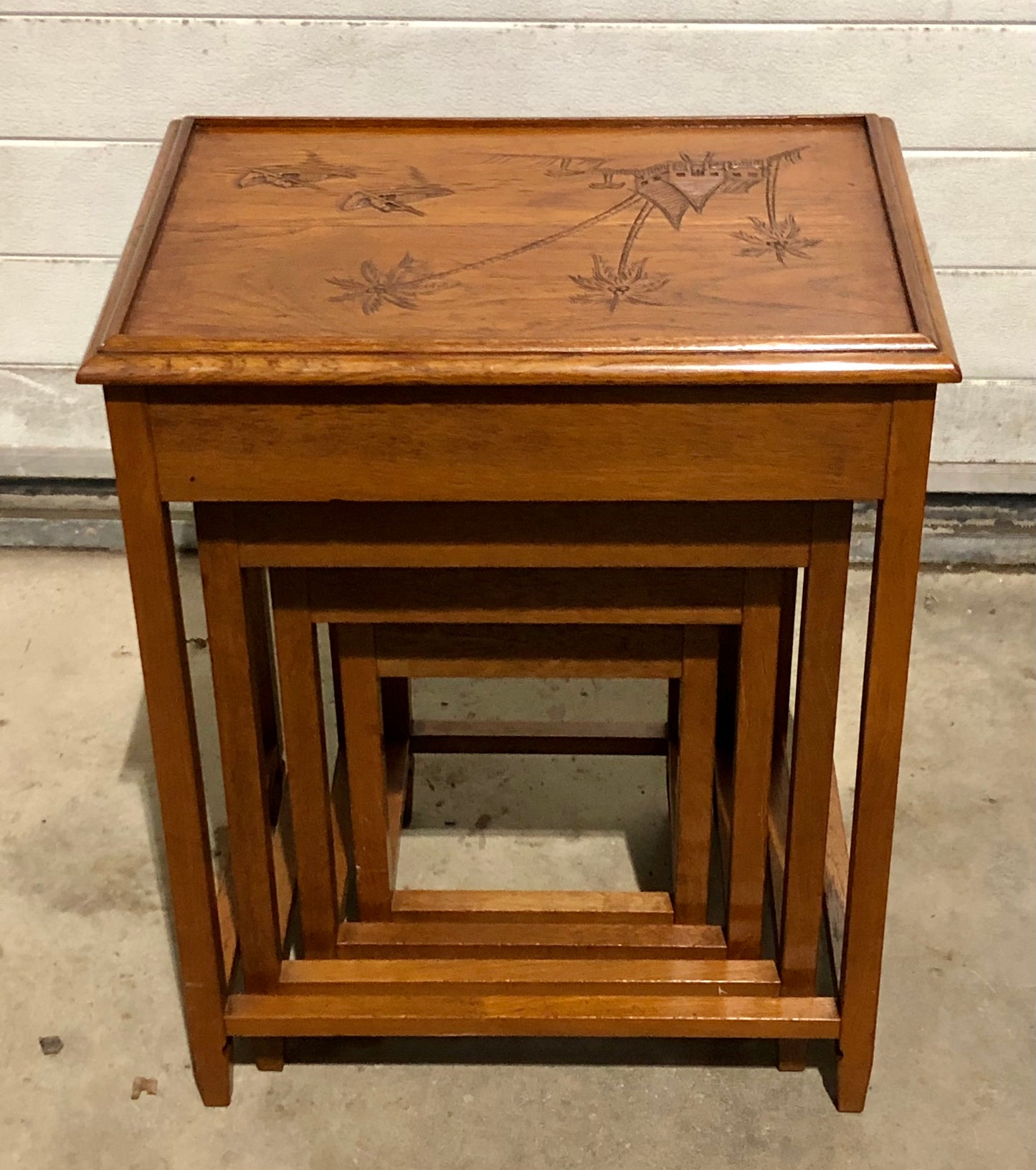 000697....Handsome Vintage Carved Teak Nest Of Four Tables