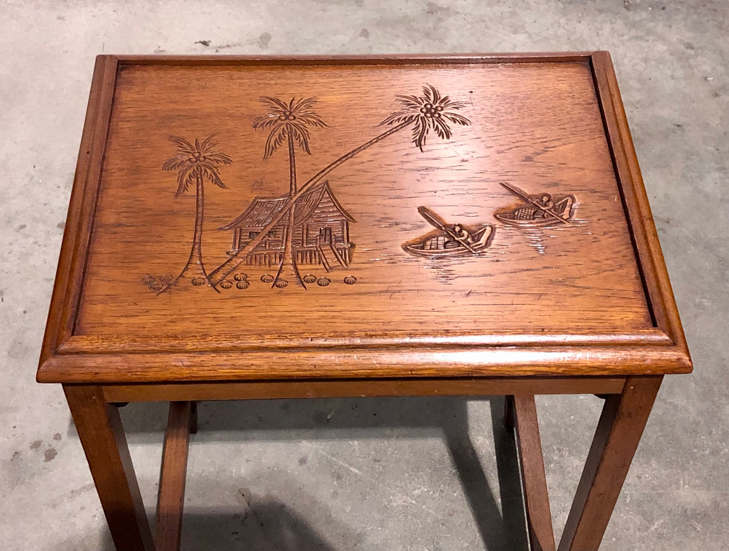 000697....Handsome Vintage Carved Teak Nest Of Four Tables