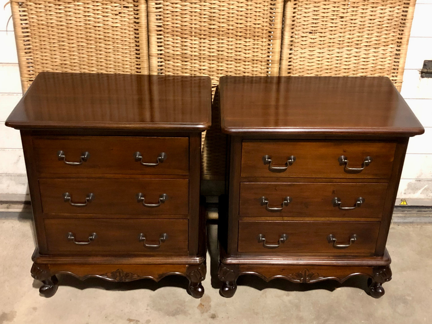 000691....Handsome Pair Of Vintage Carved Mahogany Bedside Chests ( sold )