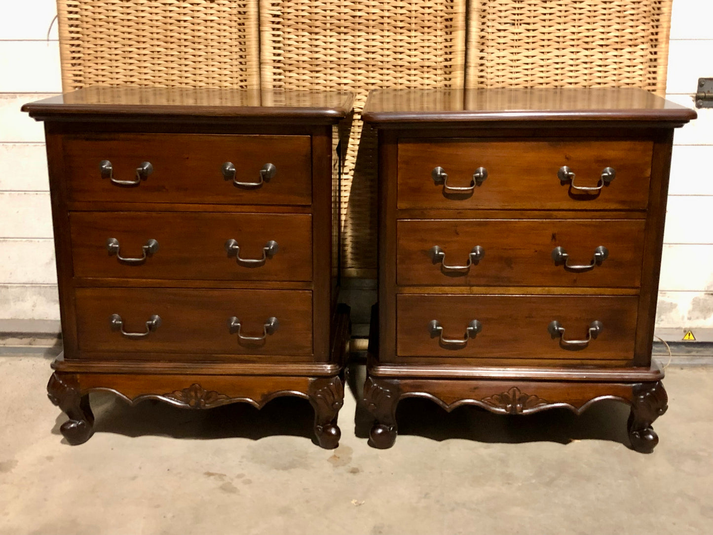 000691....Handsome Pair Of Vintage Carved Mahogany Bedside Chests ( sold )