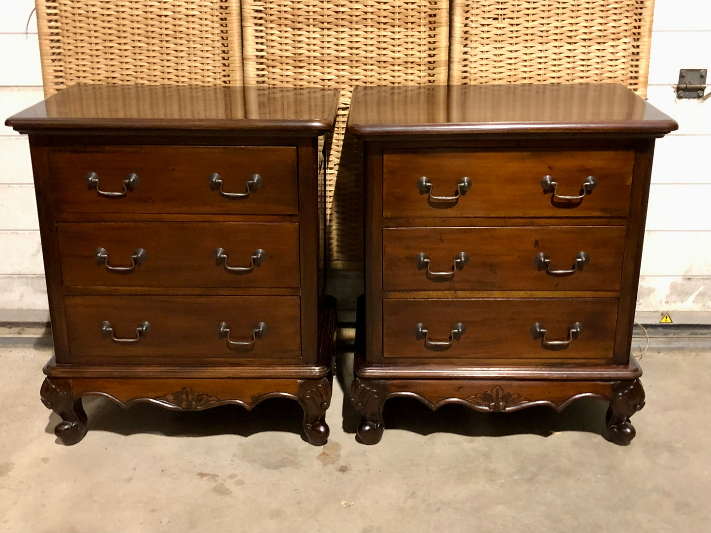 000691....Handsome Pair Of Vintage Carved Mahogany Bedside Chests ( sold )