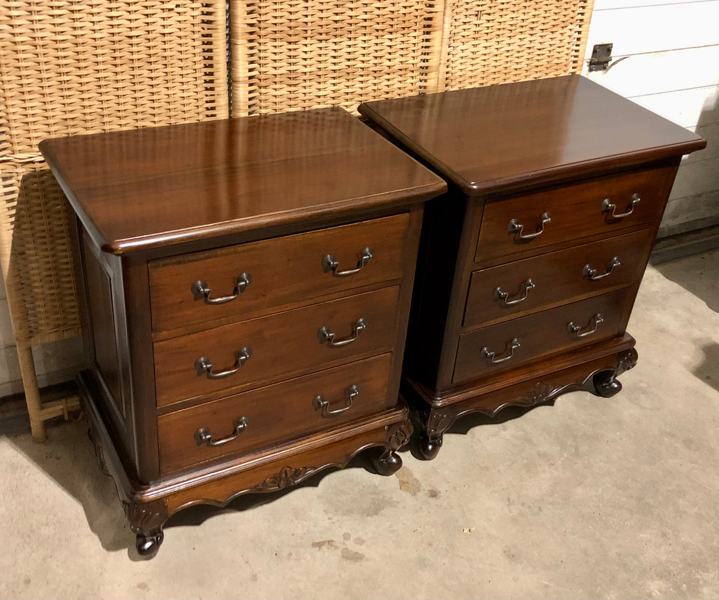 000691....Handsome Pair Of Vintage Carved Mahogany Bedside Chests ( sold )