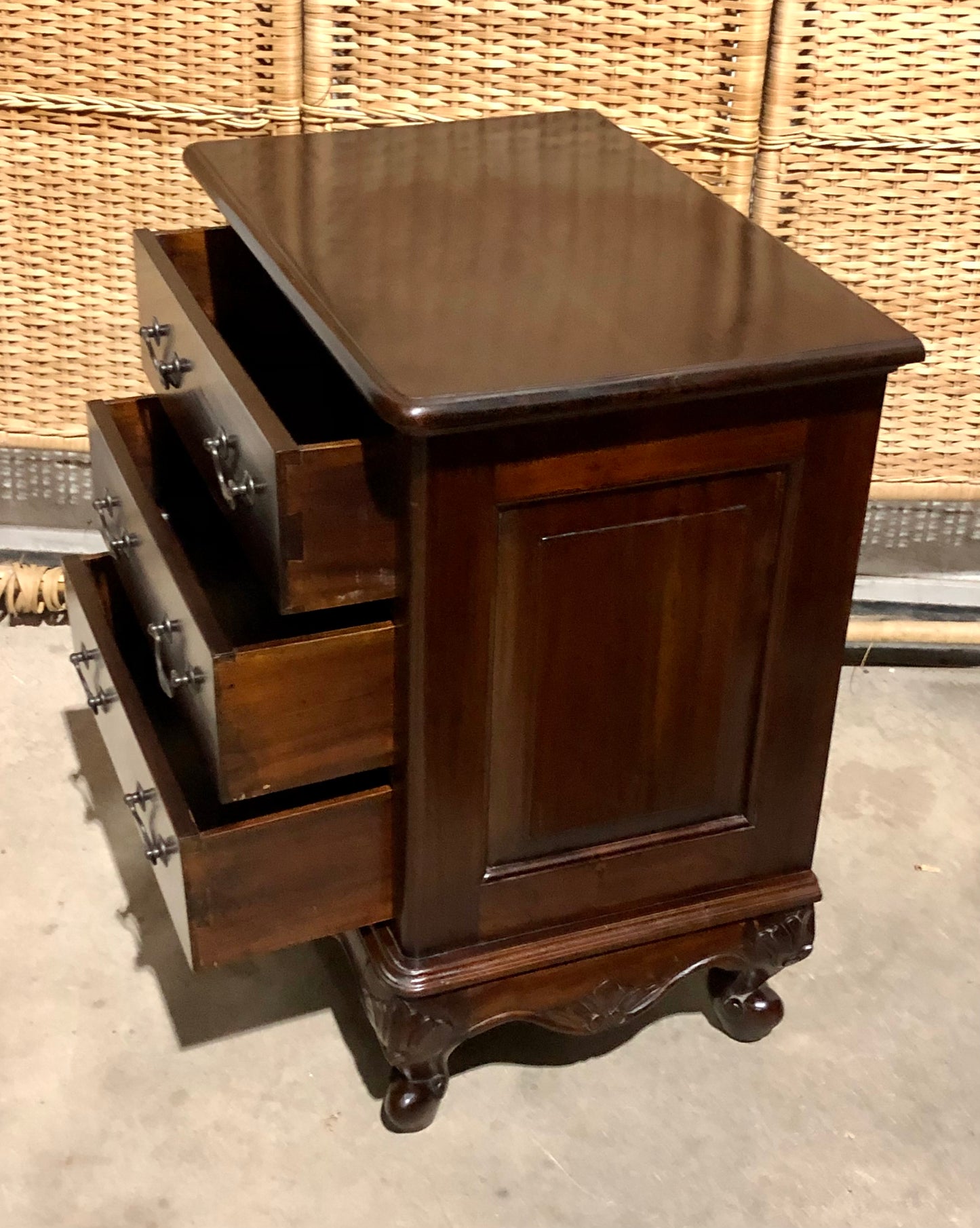 000691....Handsome Pair Of Vintage Carved Mahogany Bedside Chests ( sold )