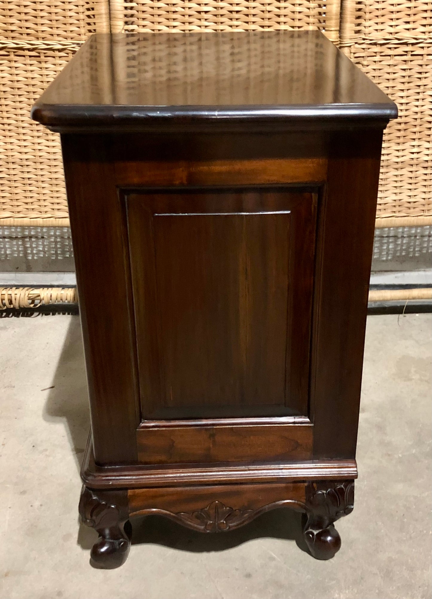 000691....Handsome Pair Of Vintage Carved Mahogany Bedside Chests ( sold )