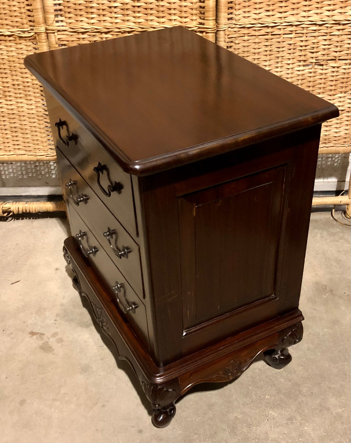000691....Handsome Pair Of Vintage Carved Mahogany Bedside Chests ( sold )