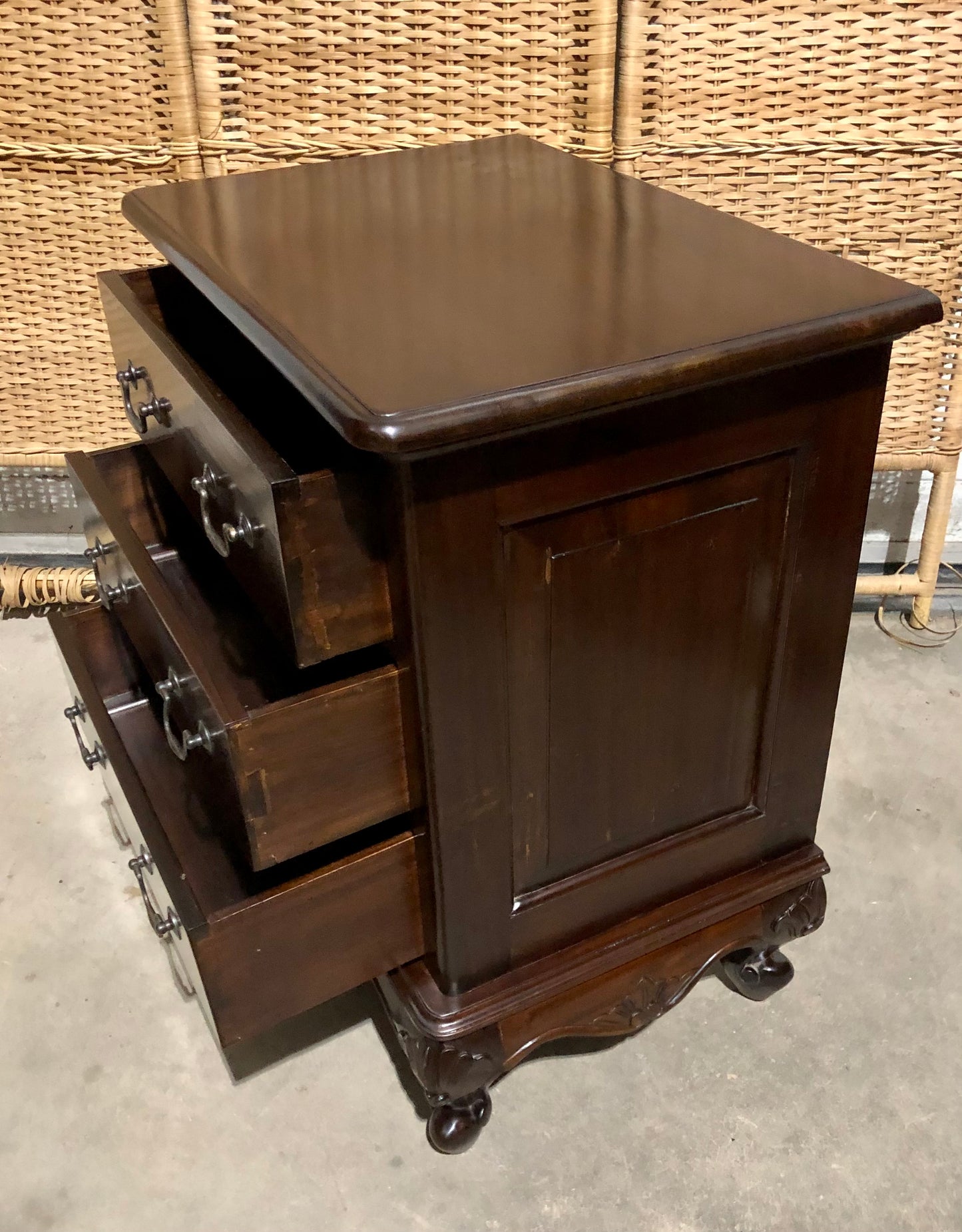 000691....Handsome Pair Of Vintage Carved Mahogany Bedside Chests ( sold )