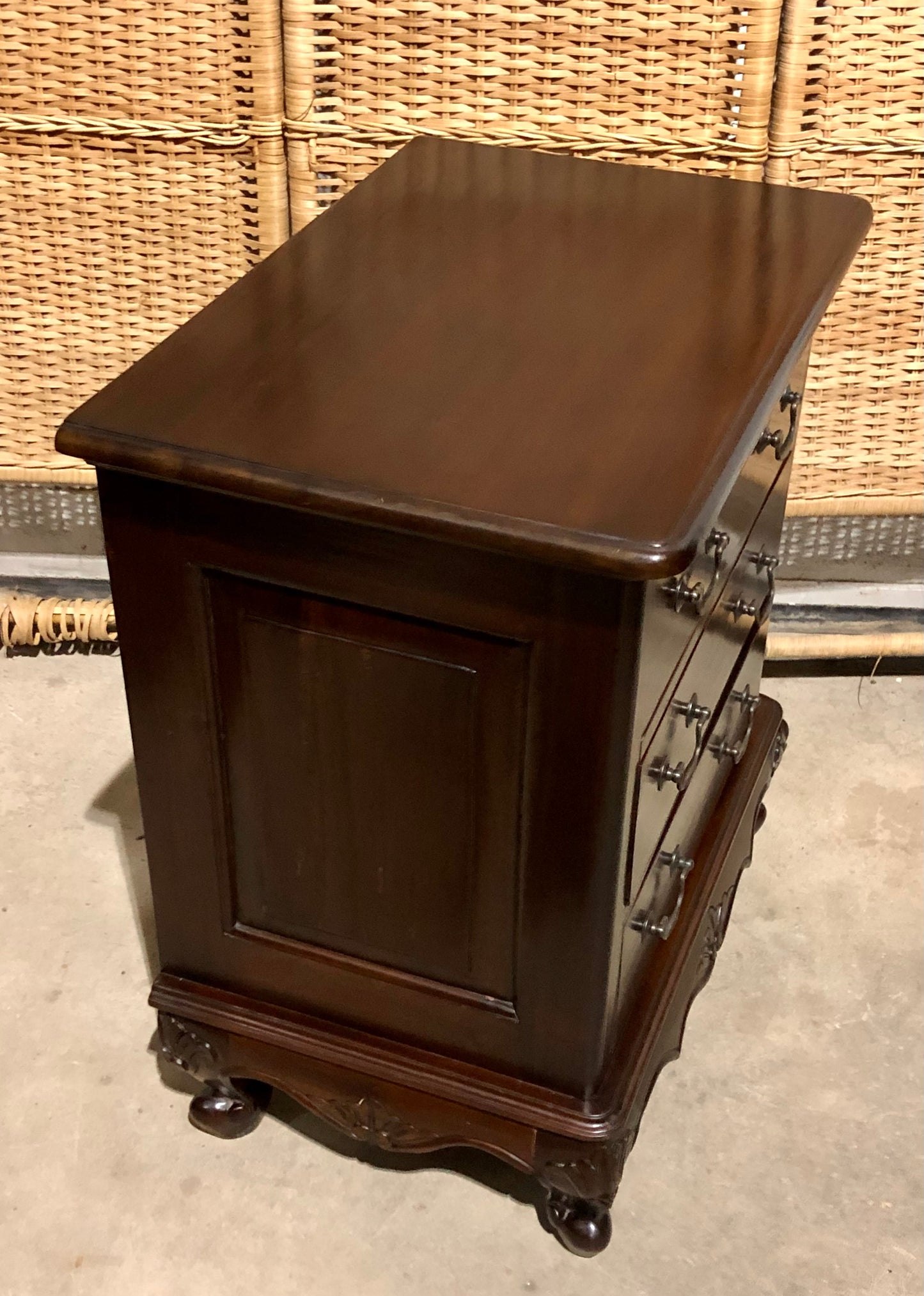 000691....Handsome Pair Of Vintage Carved Mahogany Bedside Chests ( sold )
